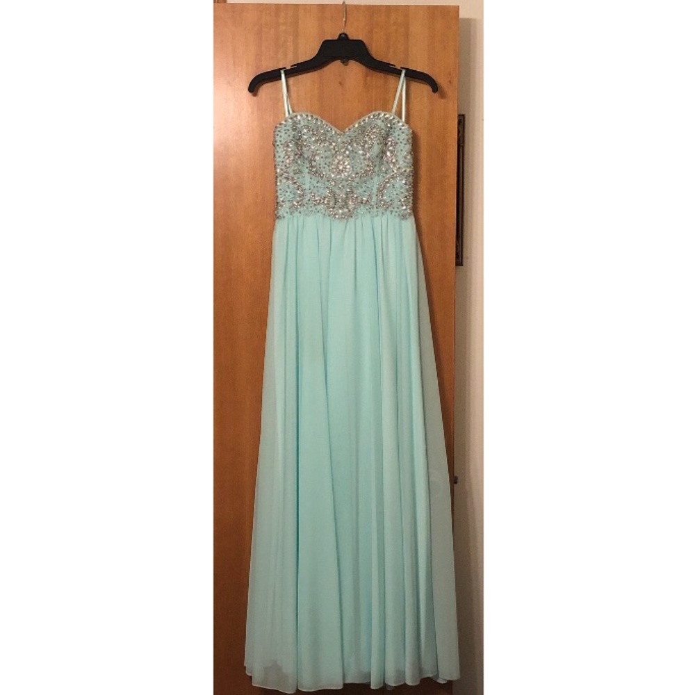 Mint/light blue embellished evening gown